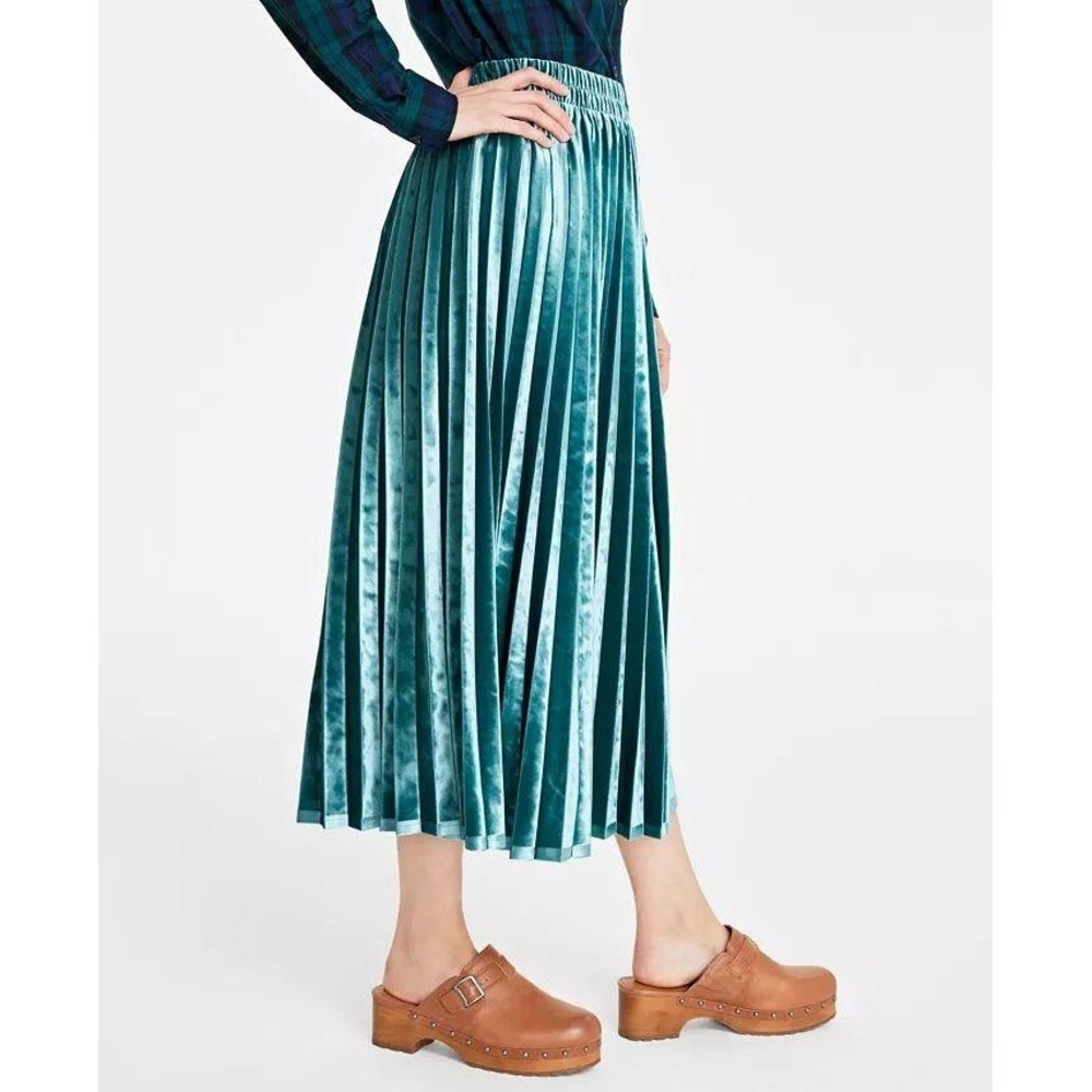 Old Navy Pleated Velvet Midi Skirt Women M Teal Green Accordion Festive Romantic